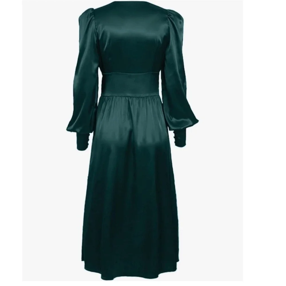 Colon Diana Teal Satin Bishop Sleeve Button Front Midi Dress Womens - Picture 3 of 16